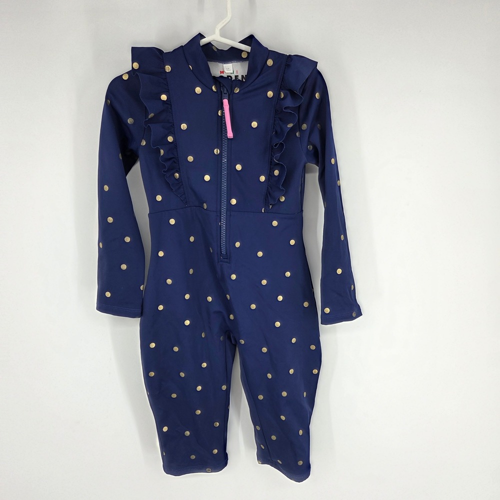 Mini Boden Navy Blue Gold Polka Dot Ruffle UPF 40+ Rash Guard Swimsuit 3-4Y